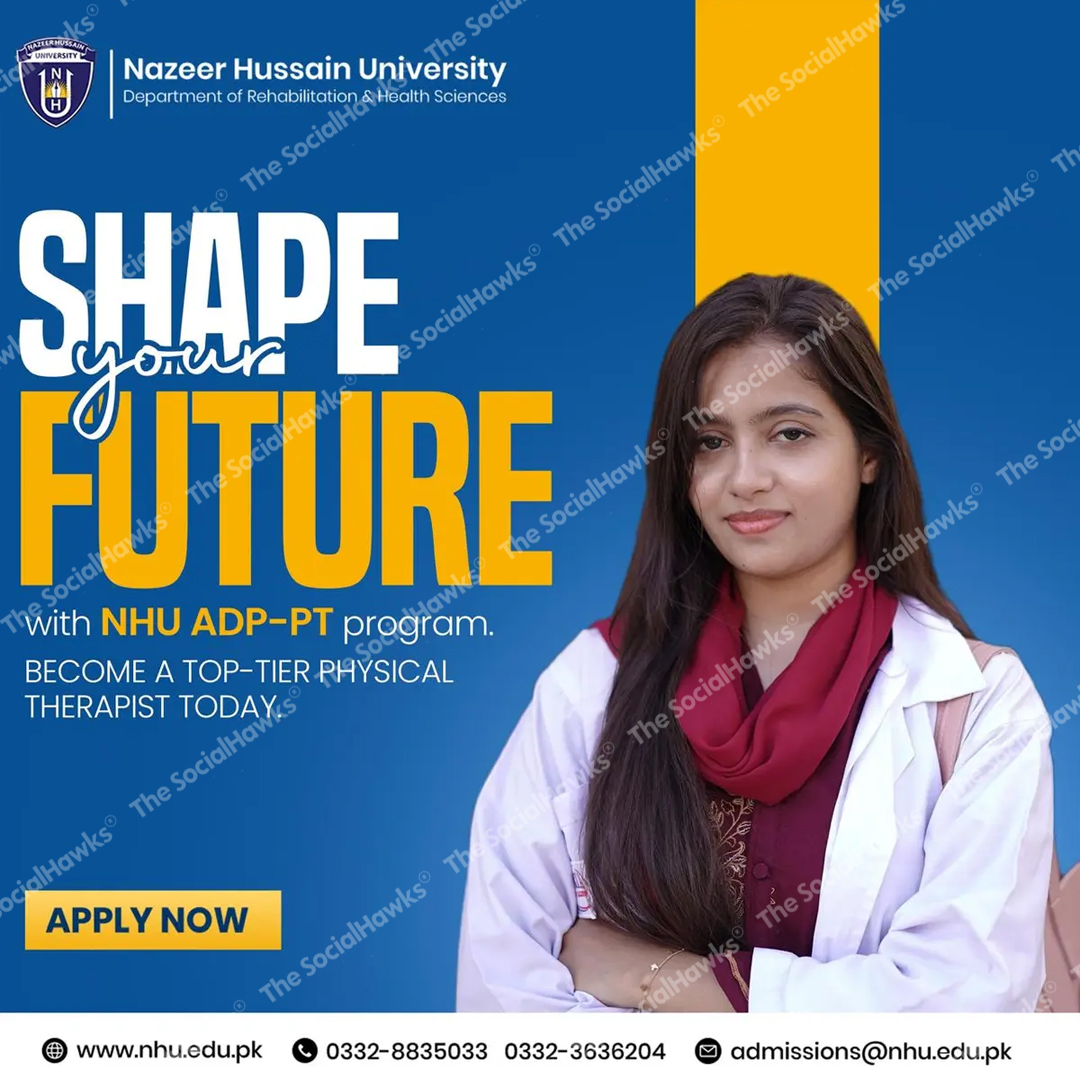 NHU shape your future ADP-PT ad with female student in red scarf and white coat
